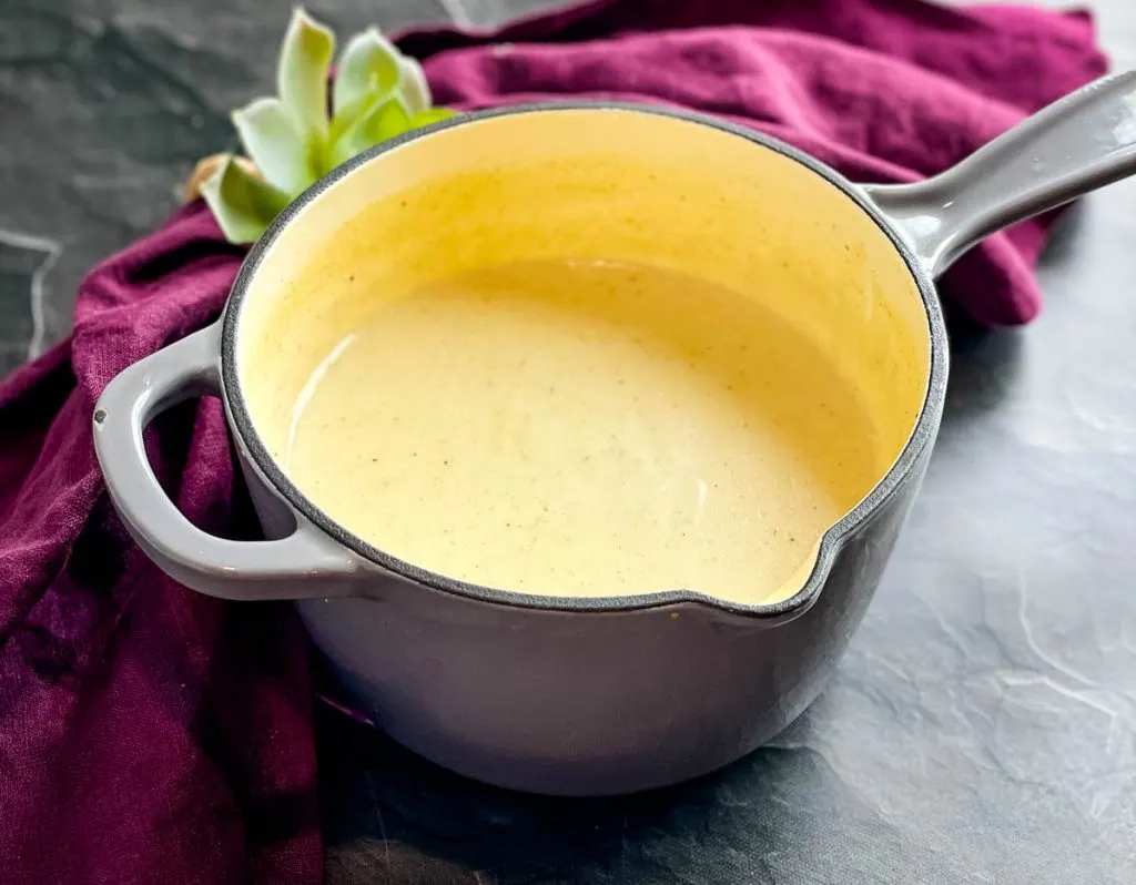 homemade cream of chicken soup in a saucepan