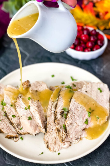 gravy drizzled over Instant Pot turkey breast
