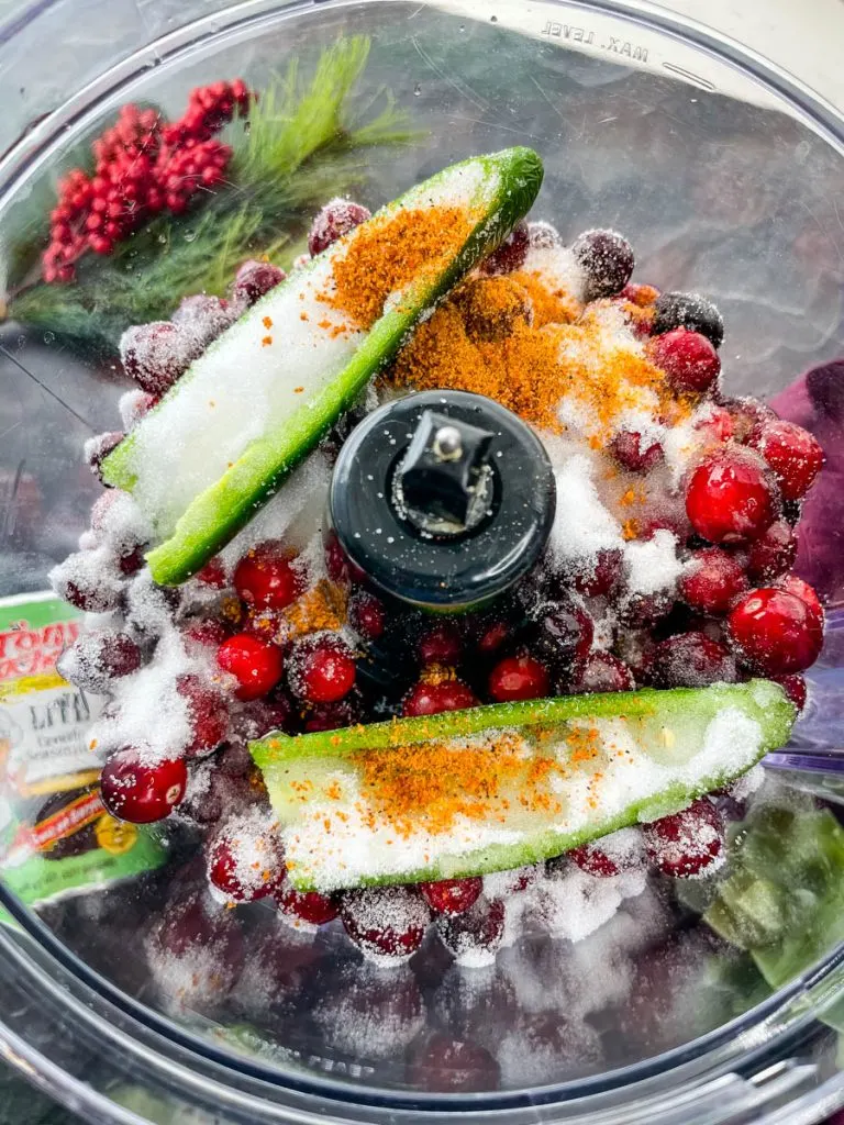 jalapeno, fresh cranberries, and sweetener in a food processor