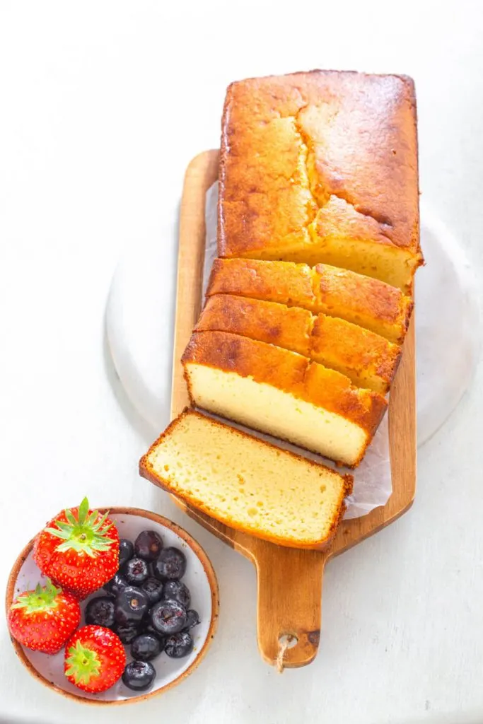 keto low carb pound cake on a wooden board
