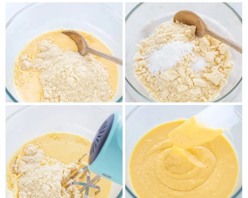 a collage photo showing how to combine butter, eggs, and almond flour for keto cake mix