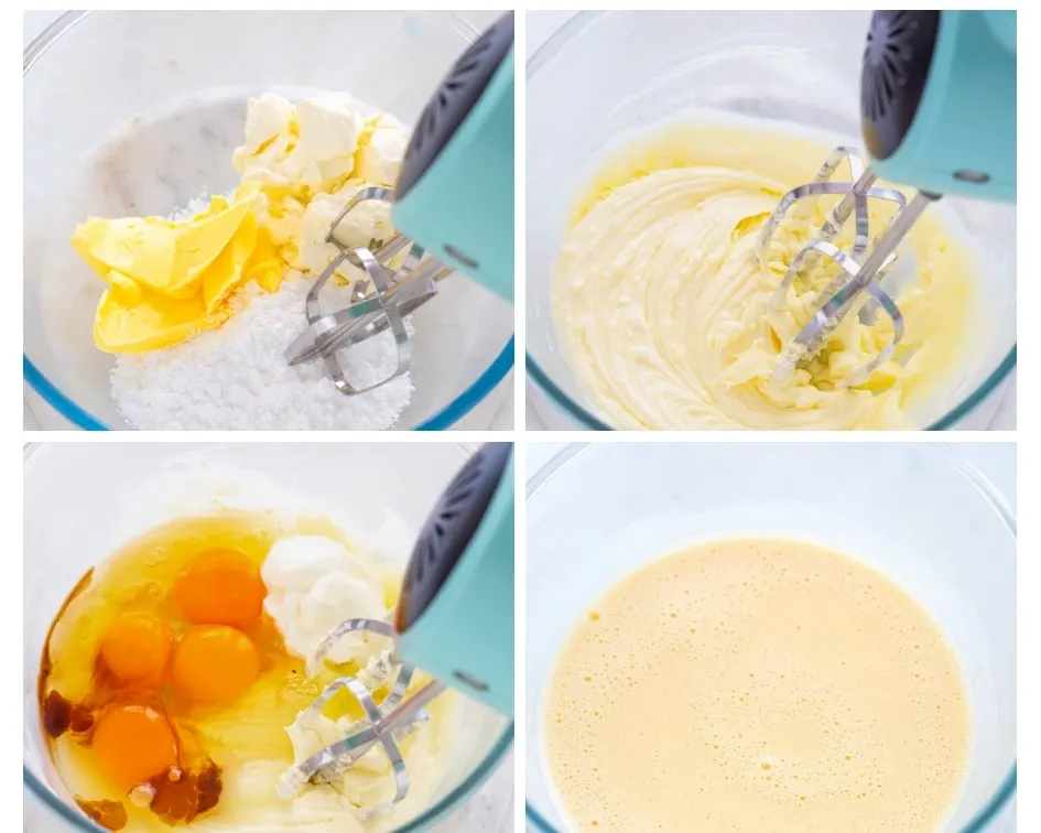 a collage photo showing how to combine butter, eggs, and almond flour for keto cake mix