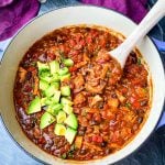 leftover turkey chili in a purple Dutch oven