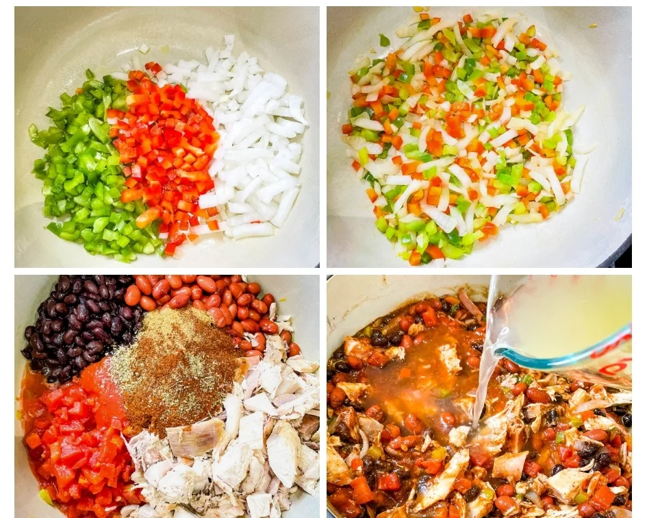 collage photo of 4 photos showing how to make leftover turkey chili in a Dutch oven
