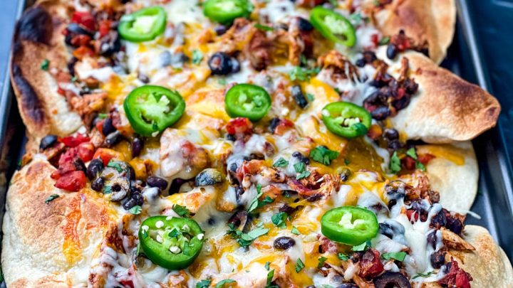 turkey nachos on a sheet pan