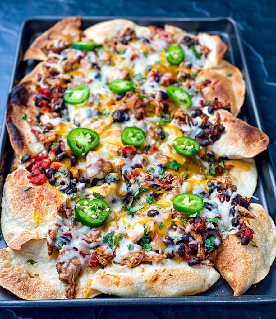 turkey nachos on a sheet pan