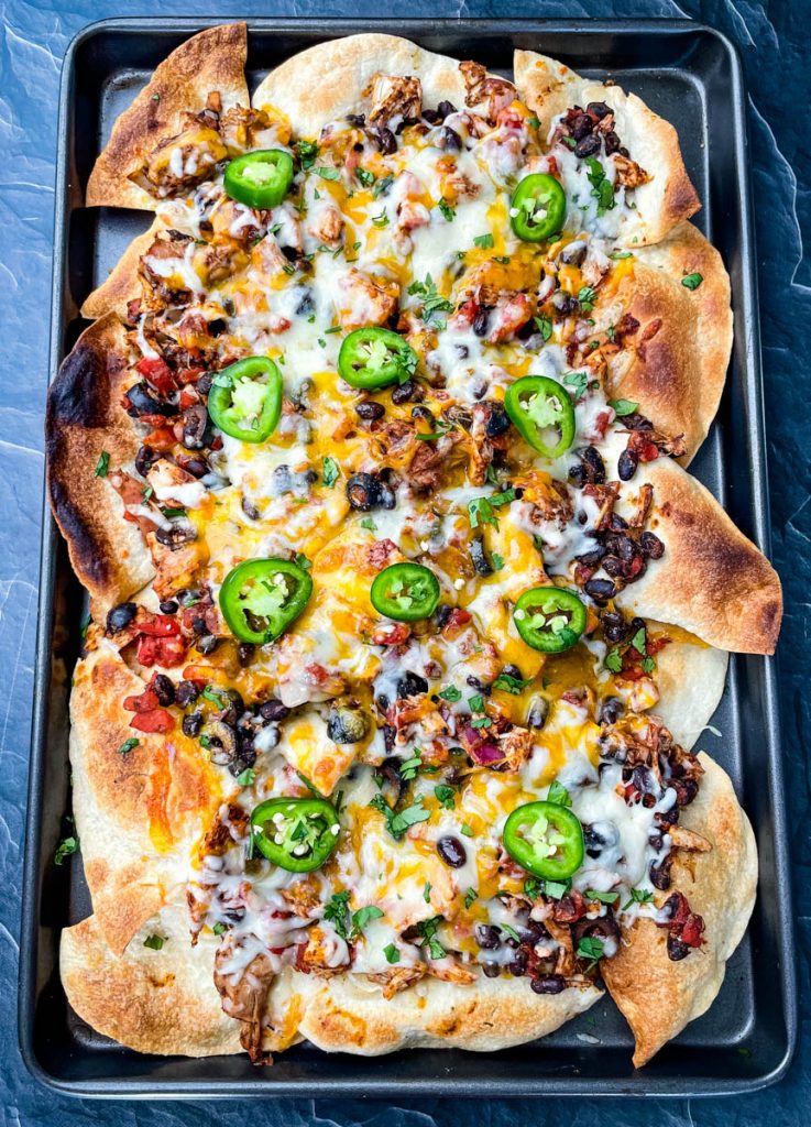 turkey nachos on a sheet pan