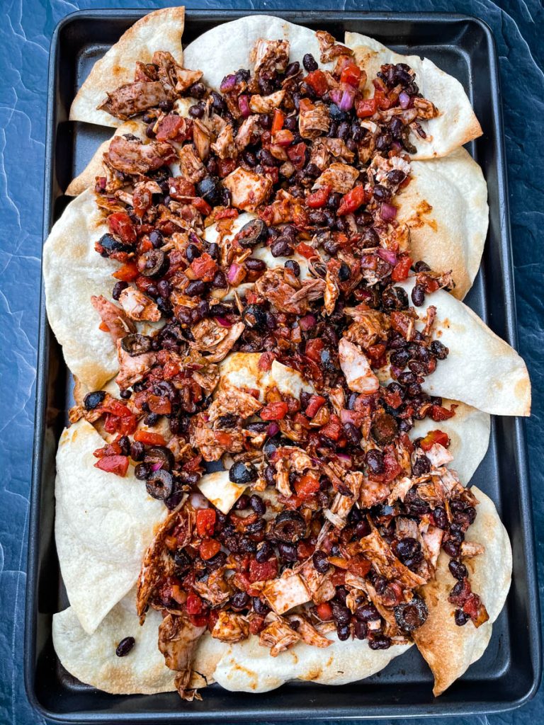 turkey nachos on a sheet pan