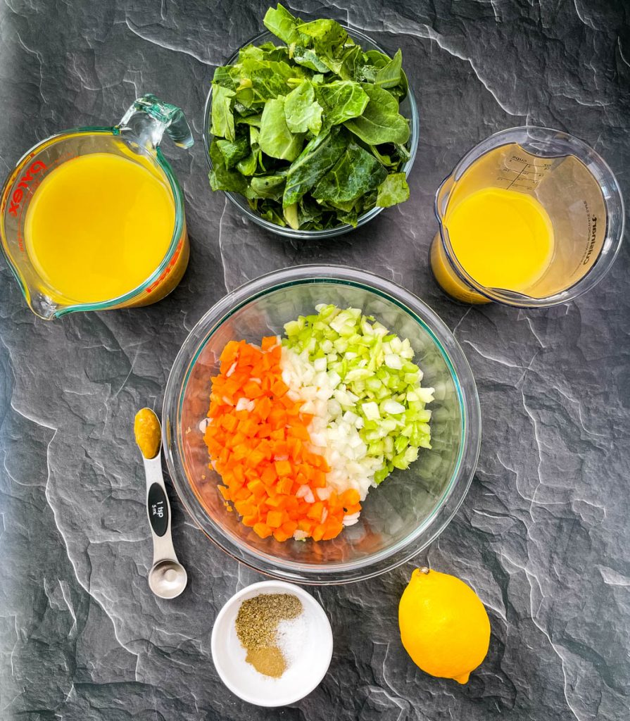 broth, greens, carrots, celery, onion, spices, and lemon in separate bowls