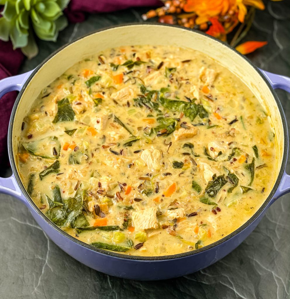 leftover turkey wild rice soup in a Dutch oven