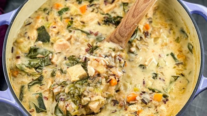 leftover turkey wild rice soup in a Dutch oven