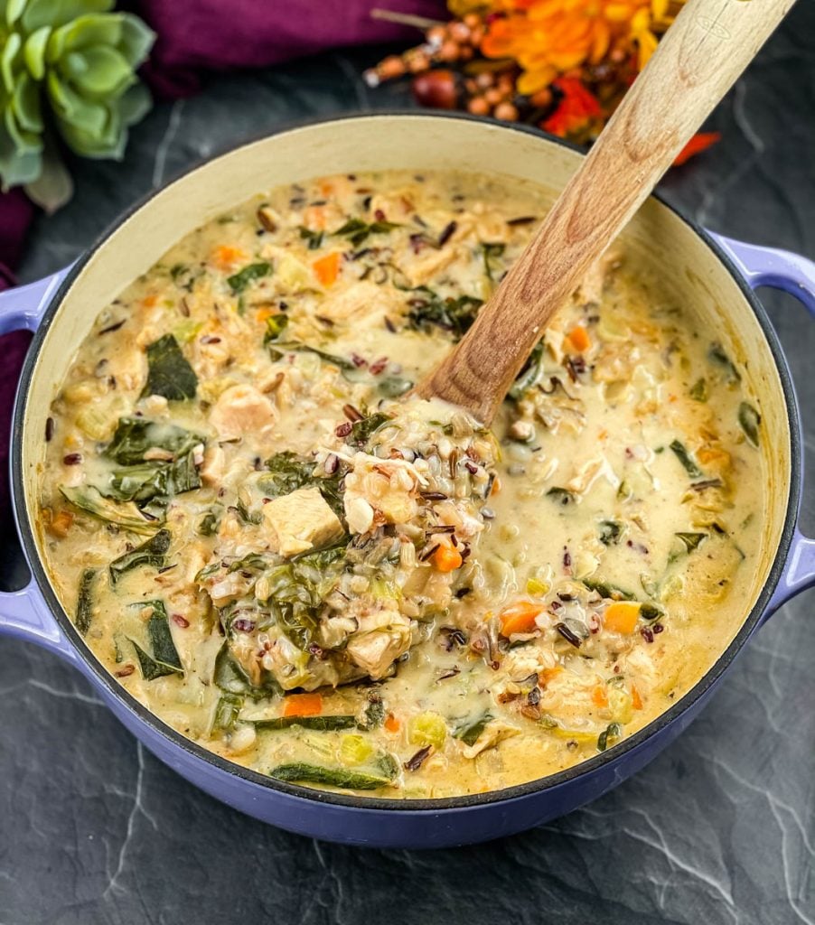 leftover turkey wild rice soup in a Dutch oven