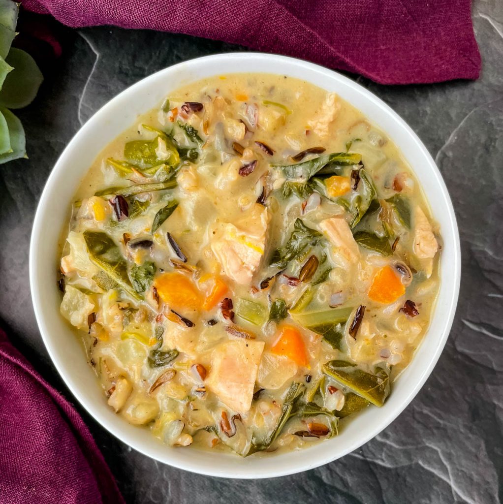 leftover turkey wild rice soup in white bowl