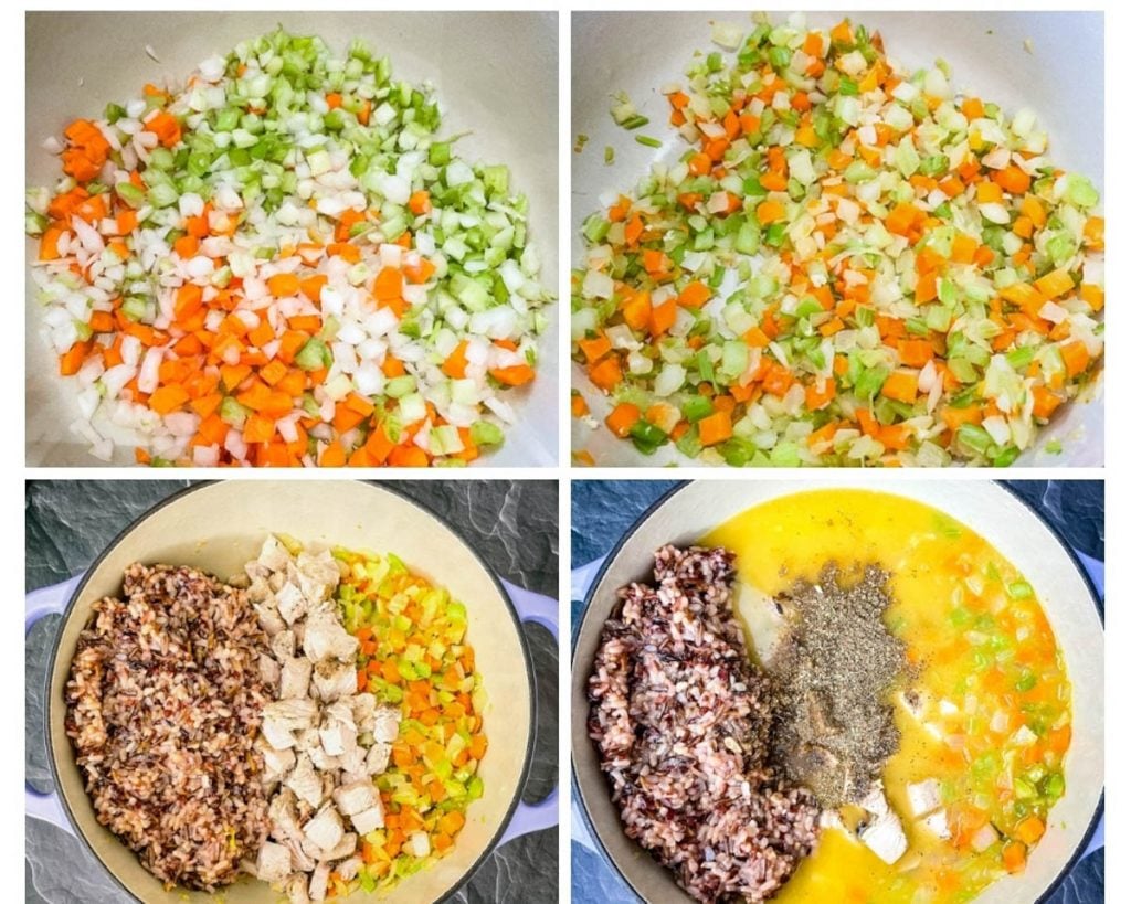 collage photo showing how to make turkey wild rice soup, vegetables sauted in a Dutch oven with broth and wild rice