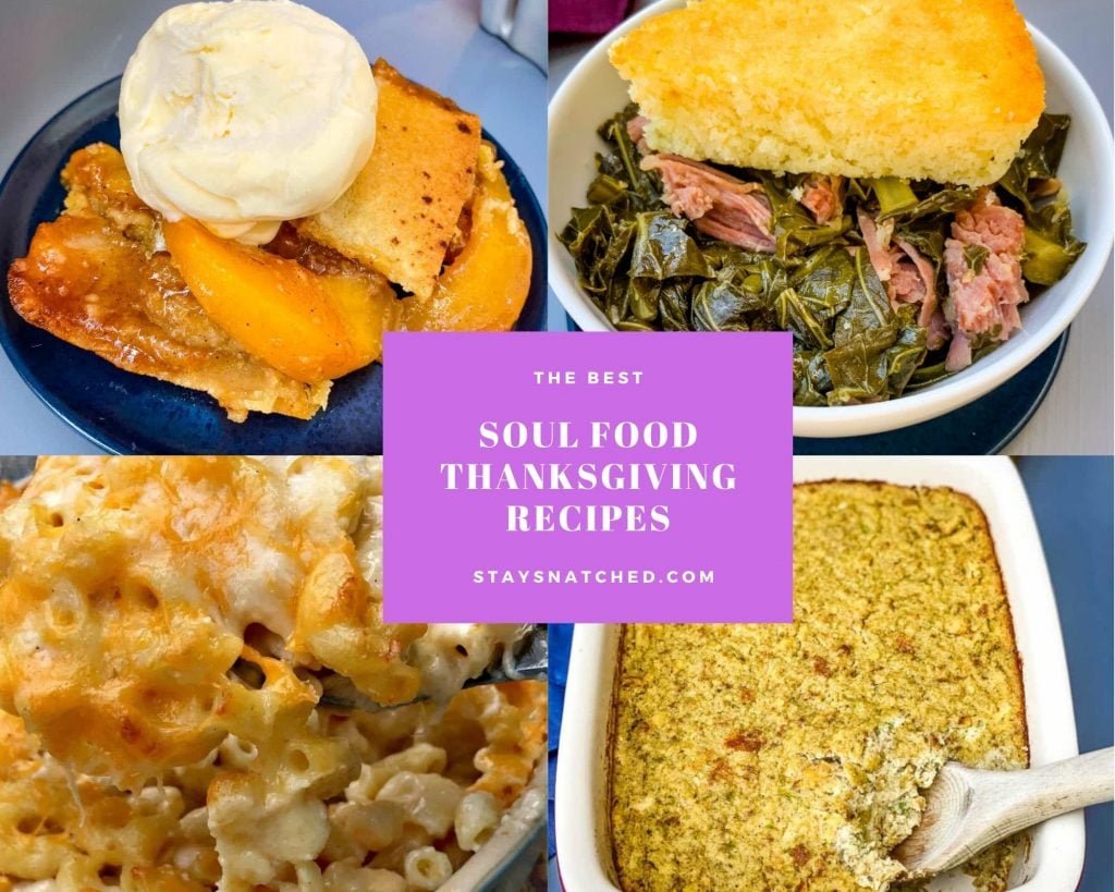 a collage photo of peach cobbler, collard greens, cornbread, cornbread dressing, and mac and cheese