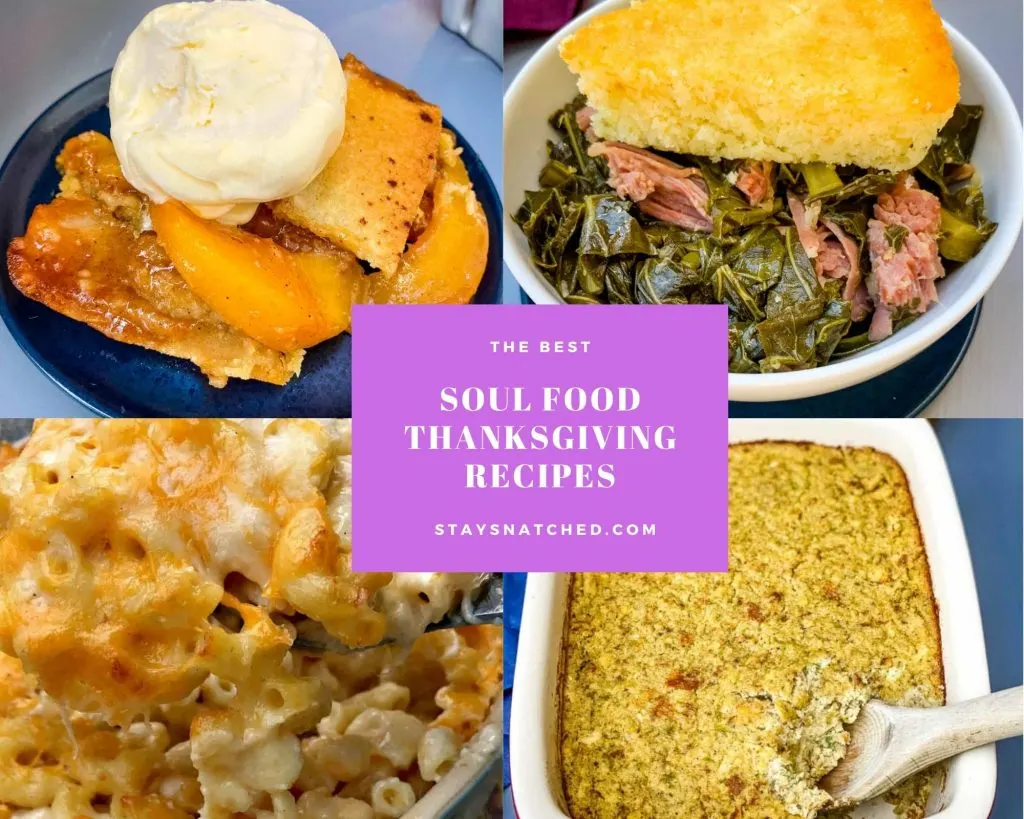 a collage photo of peach cobbler, collard greens, cornbread, cornbread dressing, and mac and cheese