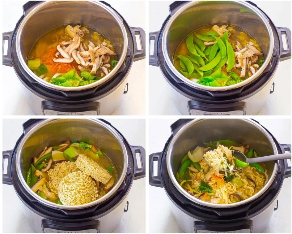 collage photo showing how to add veggies to Instant Pot ramen