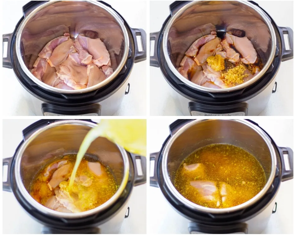 collage photos showing how to add chicken thighs to Instant Pot