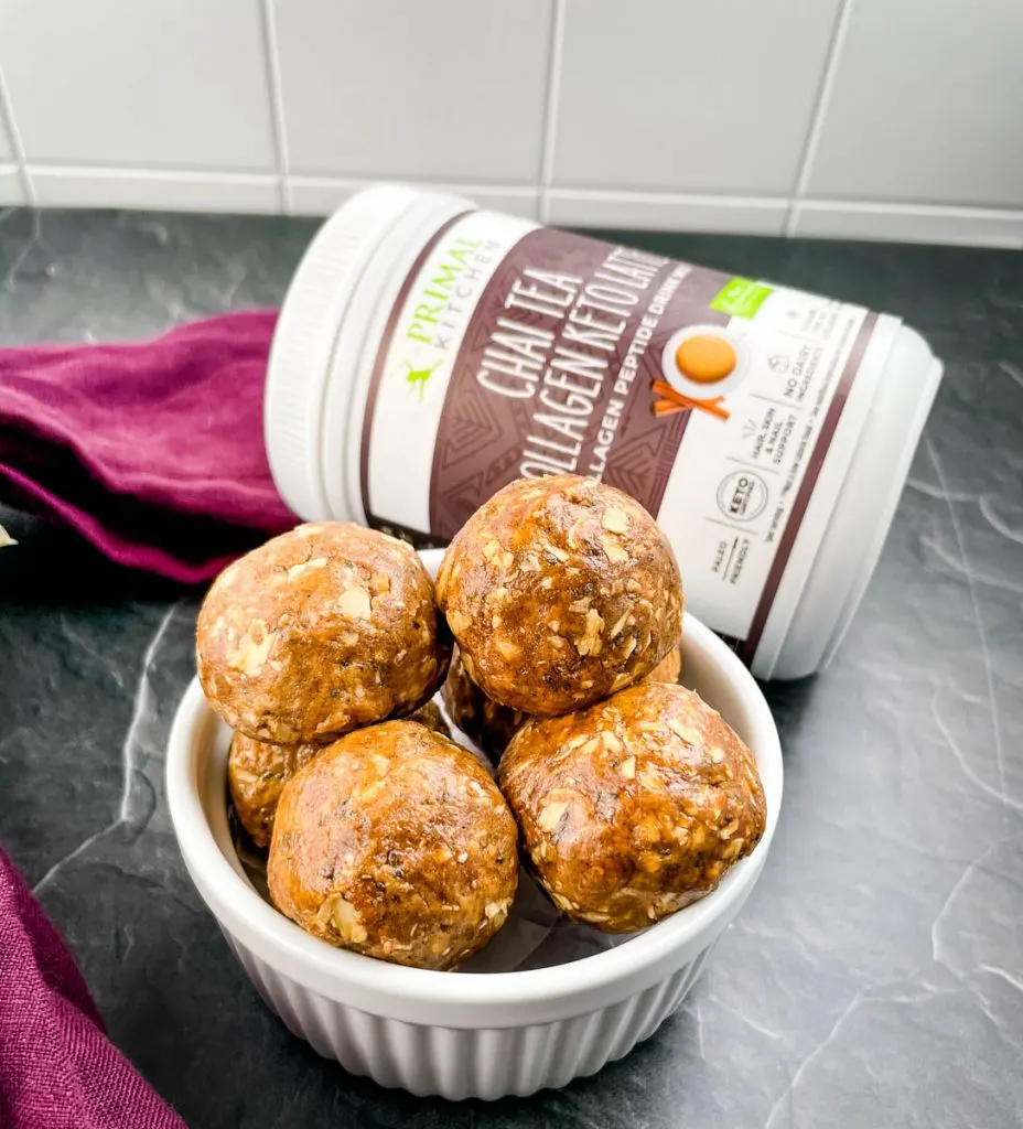 chai almond butter protein balls in a white bowl