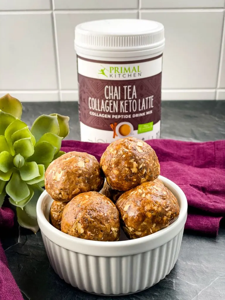 chai almond butter protein balls in a white bowl