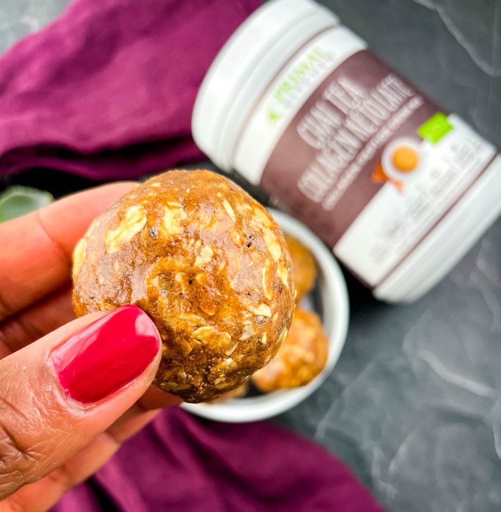 chai almond butter protein balls in a white bowl