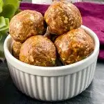 chai almond butter protein balls in a white bowl