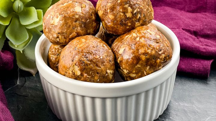 chai almond butter protein balls in a white bowl