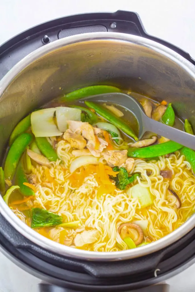 chicken ramen and broth in an Instant Pot