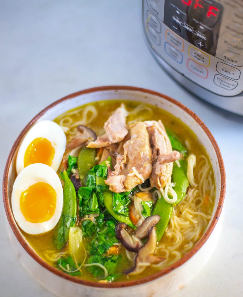 Instant Pot chicken ramen with eggs in a bowl