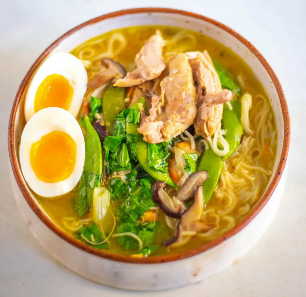 Instant Pot chicken ramen with eggs in a bowl