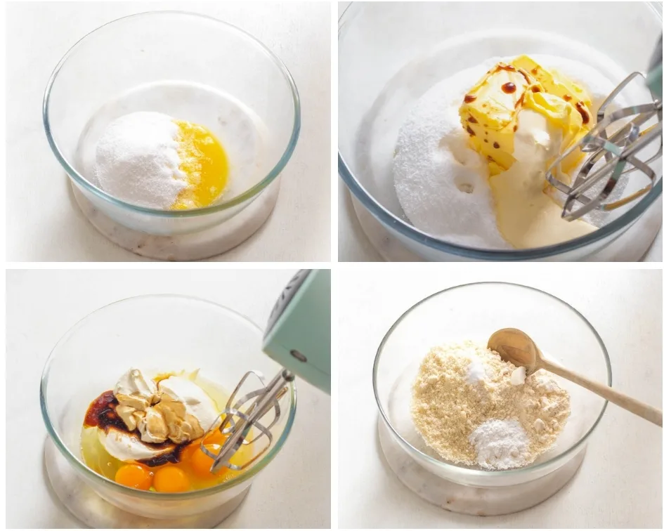 collage photo blending butter, eggs, and cream cheese using a mixer.