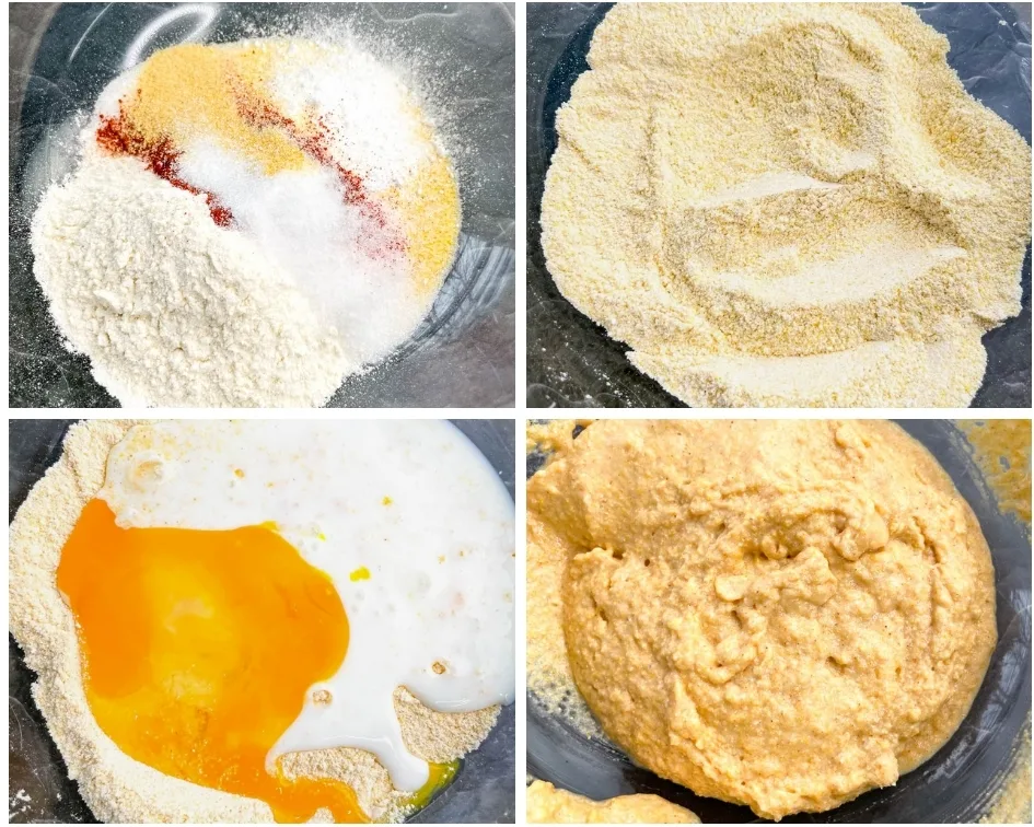 collage of 4 photos showing how to make hushpuppy batter using cornmeal, flour, and buttermilk
