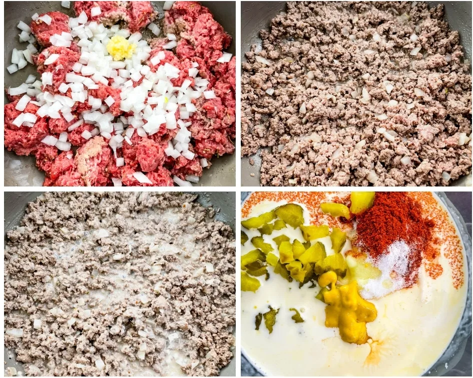 collage photo of 4 photos showing how to cook ground beef with onions and seasoning