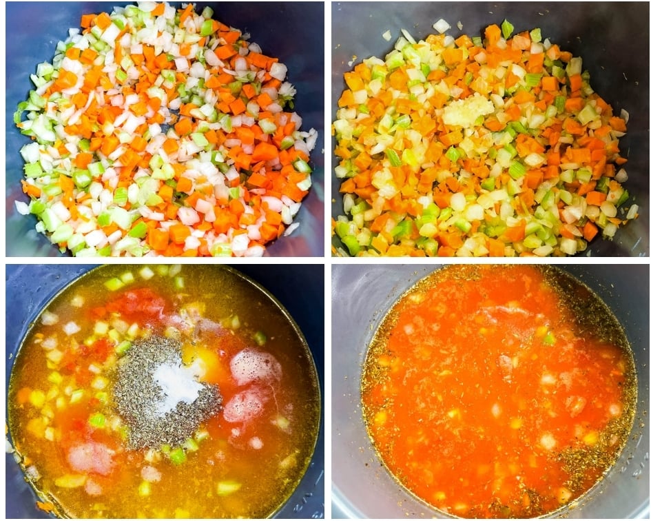 collage photo of 4 photos showing how to saute onions, carrots, and celery in the Instant Pot and then broth and tomatoes added to the pot