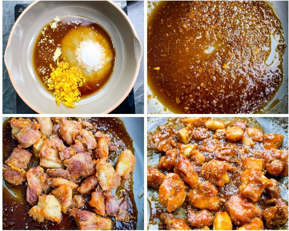 collage photo of 4 photos showing how to make orange chicken sauce in a pan and tossed with orange