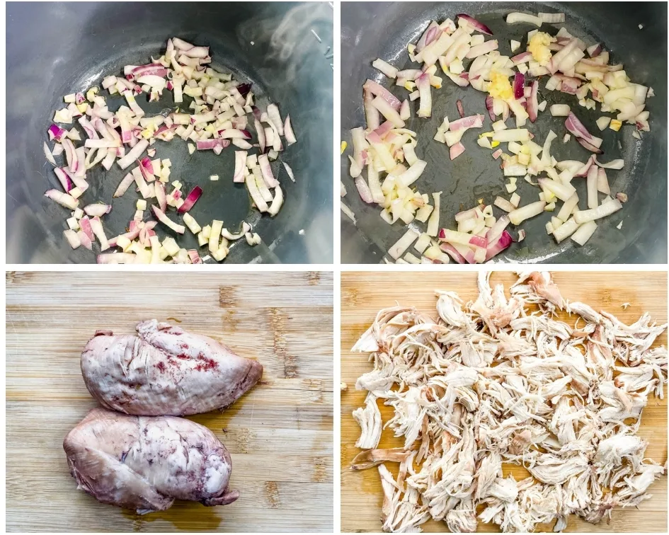 collage photo showing 4 photos of chicken breasts and shredded chicken on a bamboo cutting board