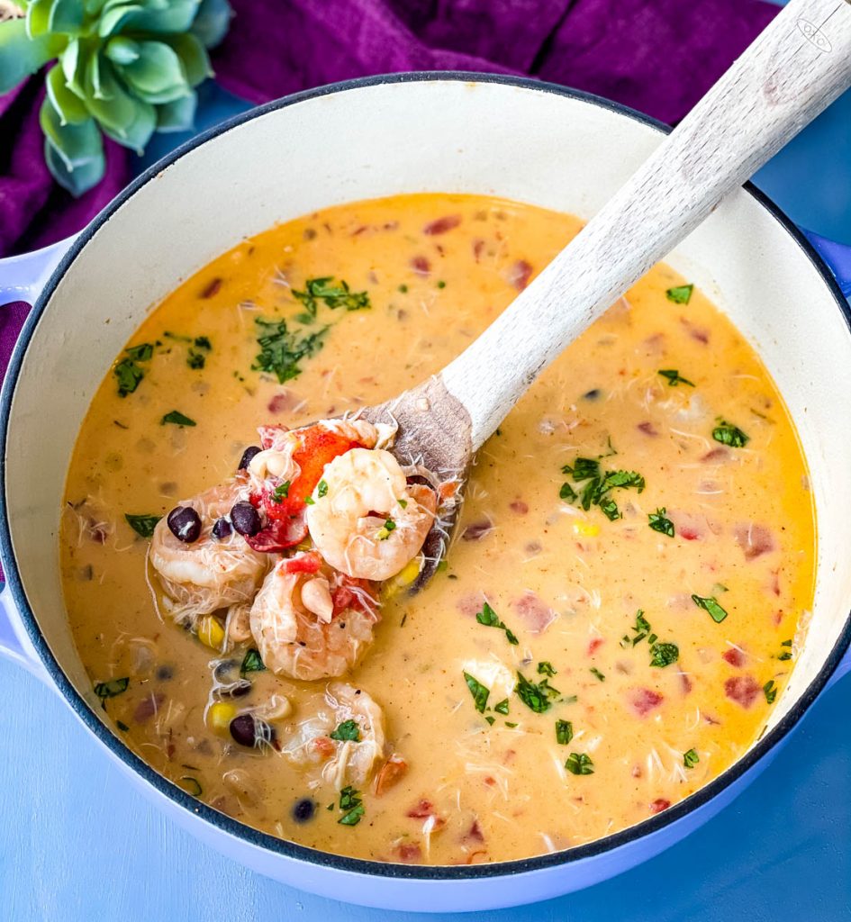 creamy seafood shrimp chili in a Dutch oven