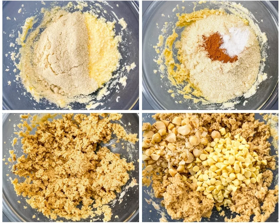 collage photo of 4 photos showing how to make keto cookie dough with almond flour and batter in a glass bowl