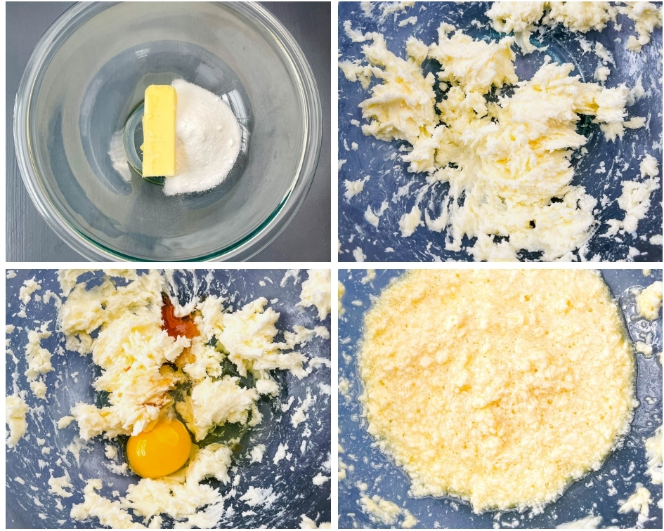 collage photo of 4 photos showing how to make keto cookie dough with almond flour and batter in a glass bowl