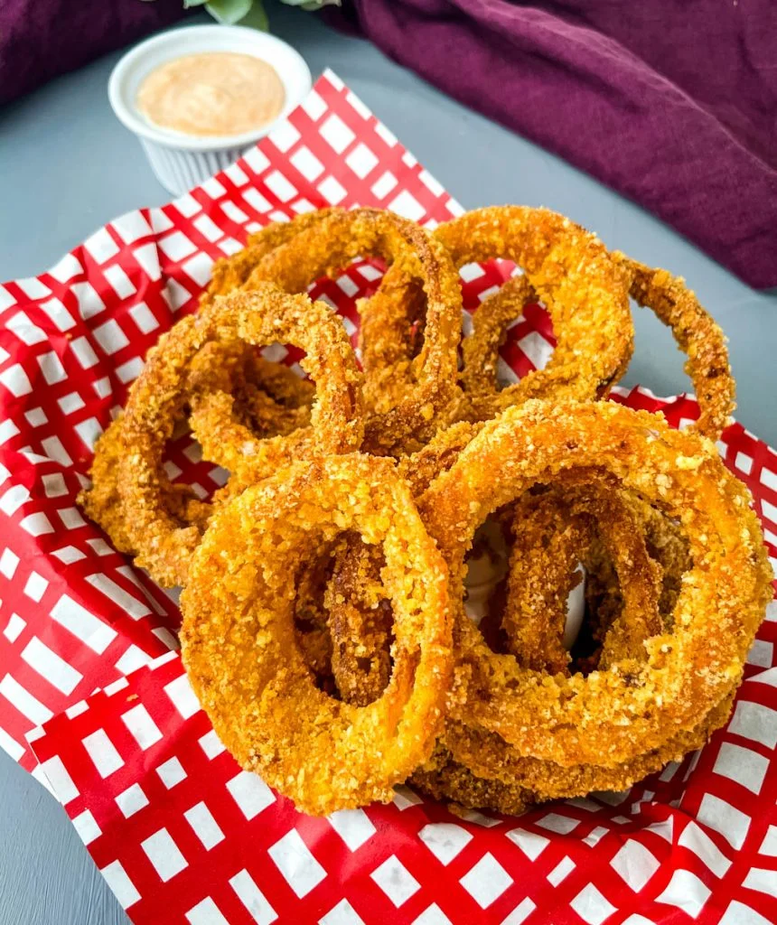 keto low carb onion rings in a red and black basket