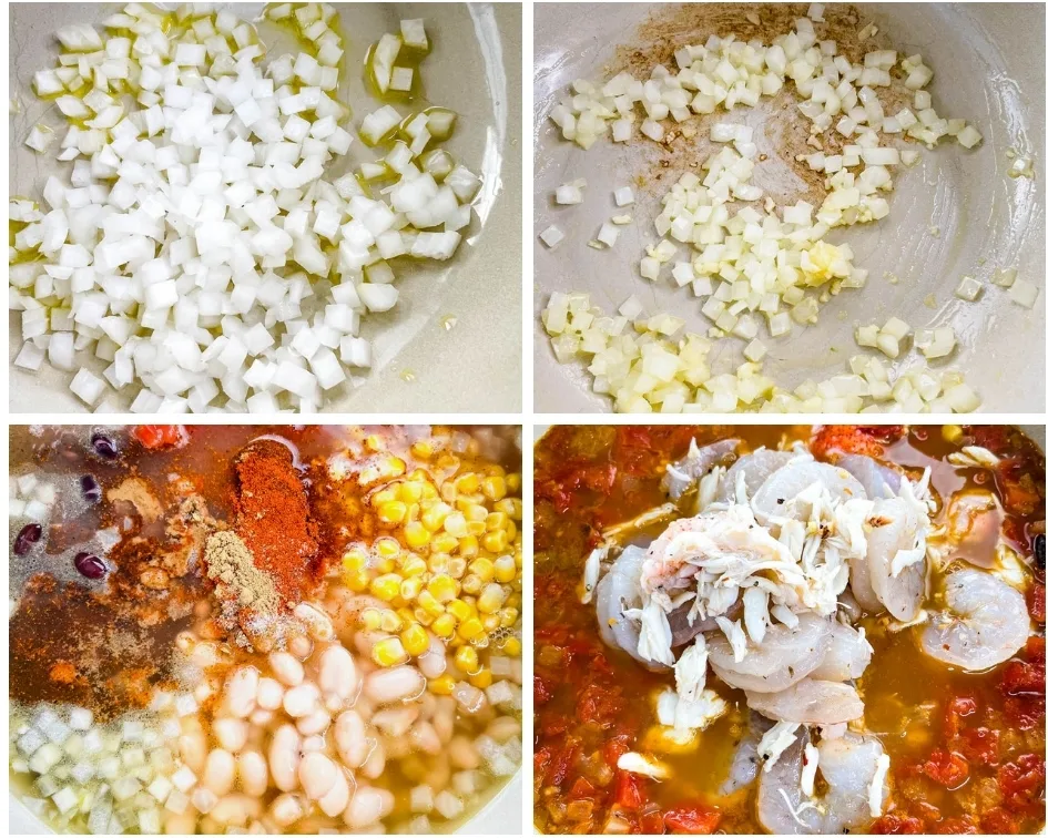 collage photo showing how saute onions and garlic and seafood chili in a Dutch oven