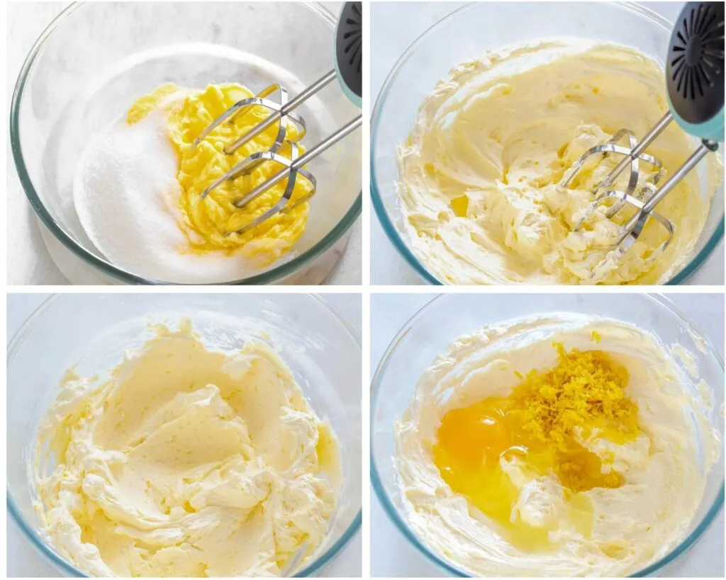 collage photo of 4 photos showing how to cream butter in a glass bowl