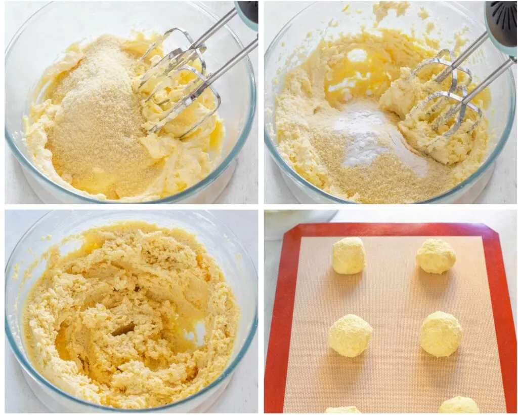 collage photo of 4 photos showing how to cream butter and add almond flour for cookie dough