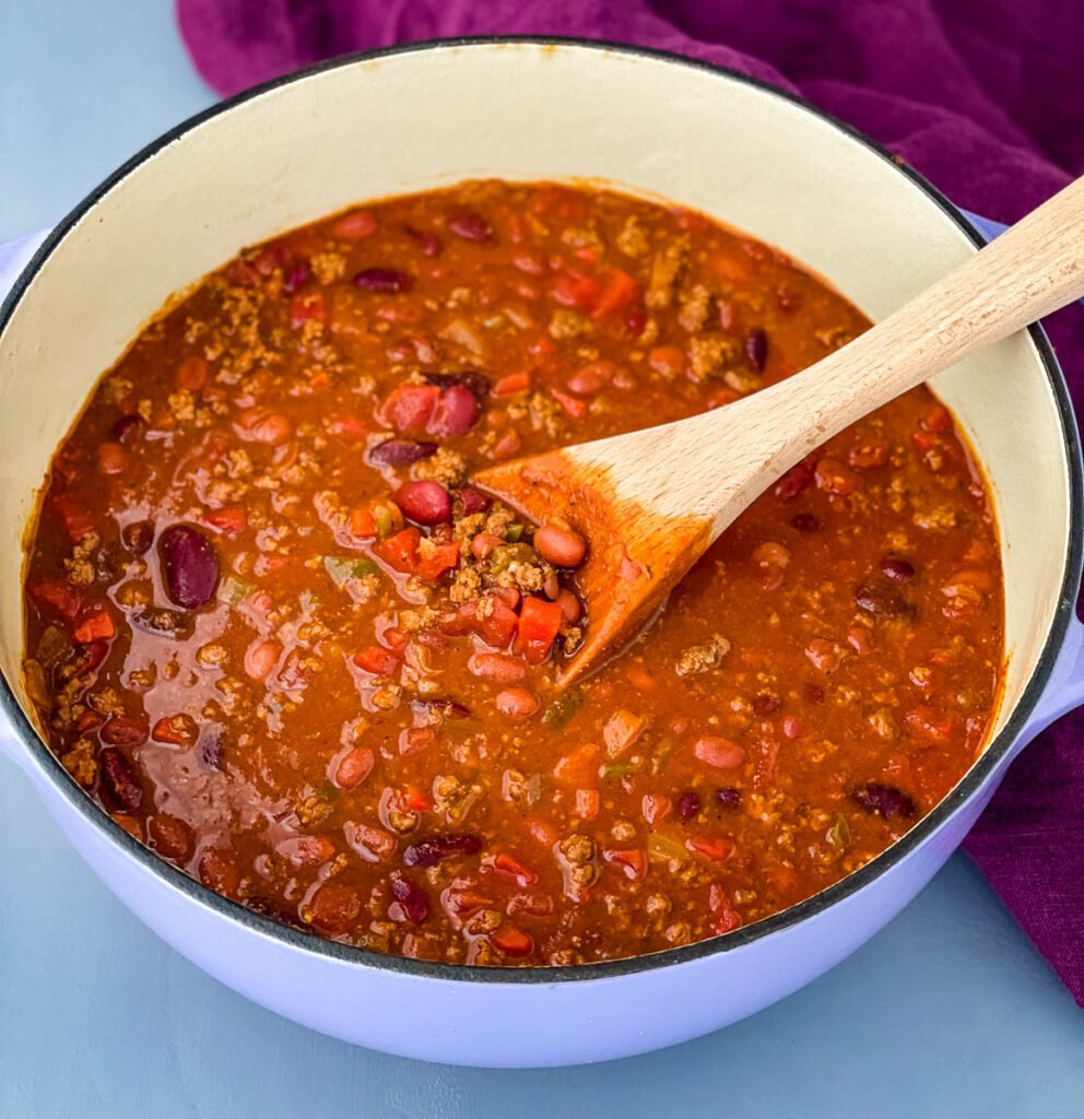 cooked chili in a Dutch oven