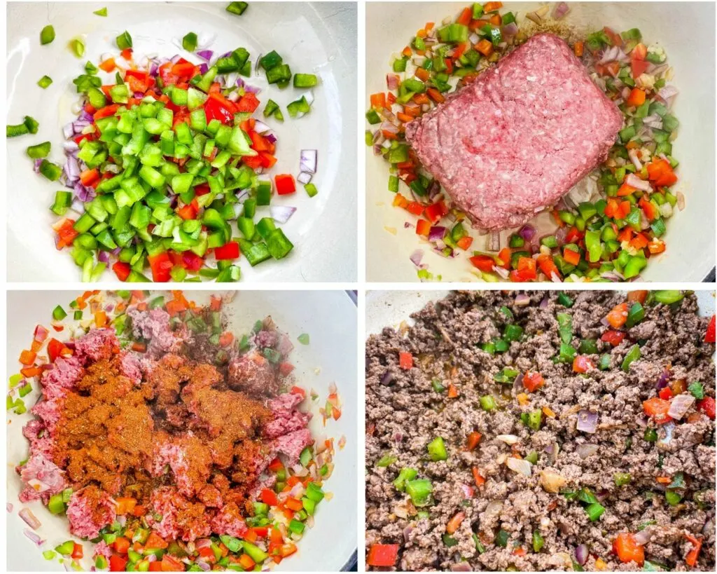 collage photo of 4 image green peppers, red peppers, onions, raw ground beef in a Dutch oven