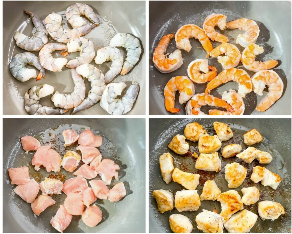 a collage photo showing how to cook raw chicken and shrimp in a pan