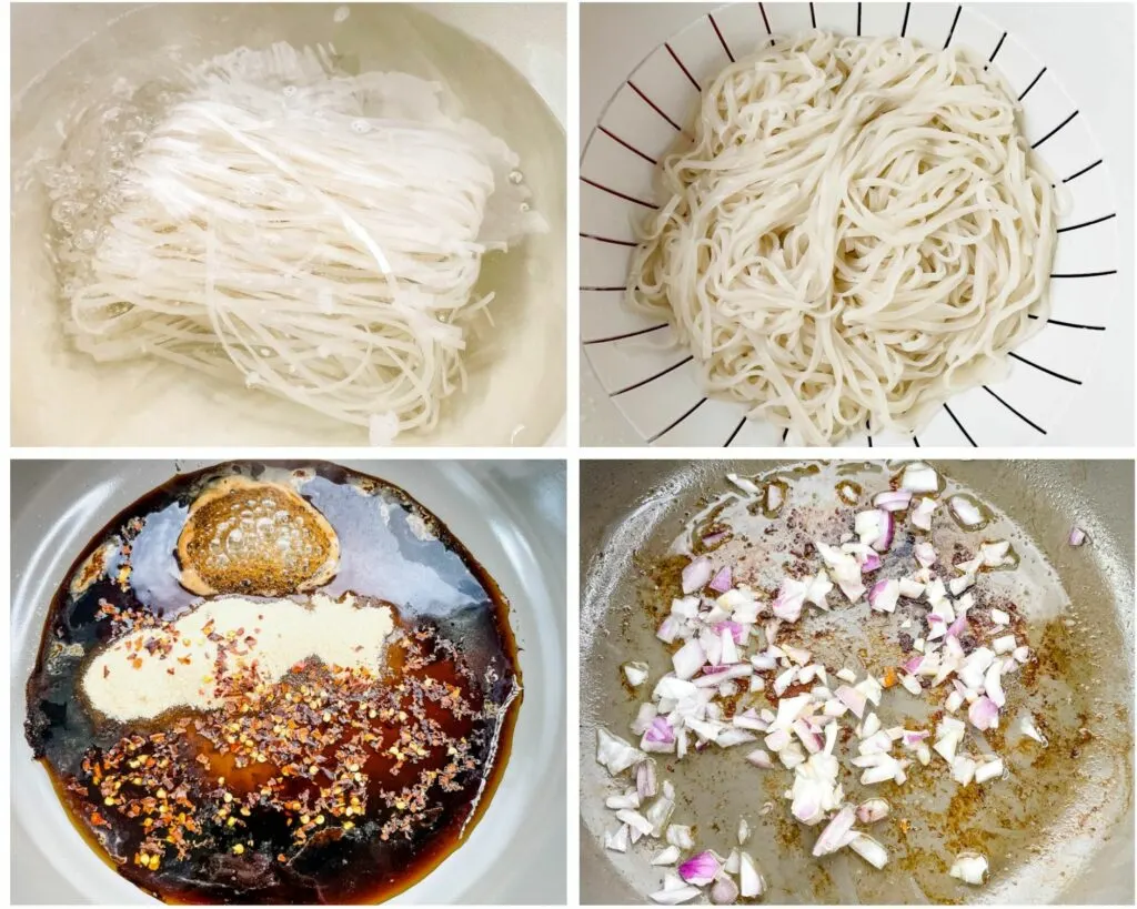 collage photo of 4 photos showing how to cook rice noodles and pad Thai sauce