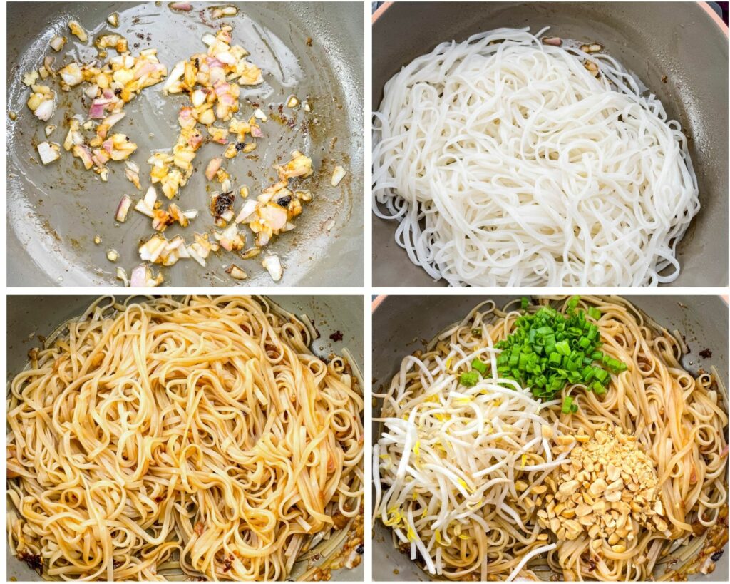 collage photo of 4 photos showing garlic and onions sauteed in a pan and pad Thai