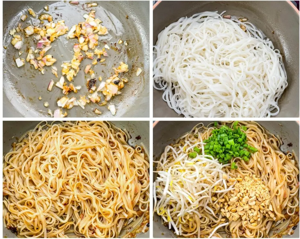 collage photo of 4 photos showing garlic and onions sauteed in a pan and pad Thai