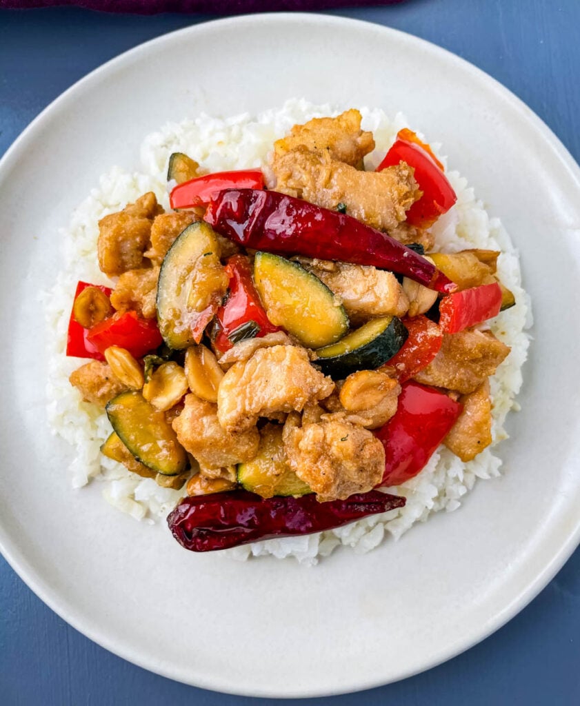 Panda Express copycat kung pao chicken on a white plate